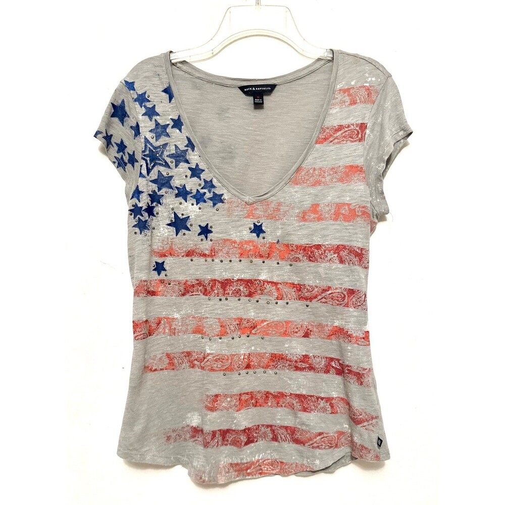 ROCK & REPUBLIC Grey Gray Shirt American USA Flag Patriotic Studs Paisley RWB